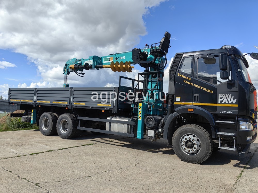 Автомобиль бортовой на шасси FAW 6х4 c КМУ HKTC-8026А с буровой установкой